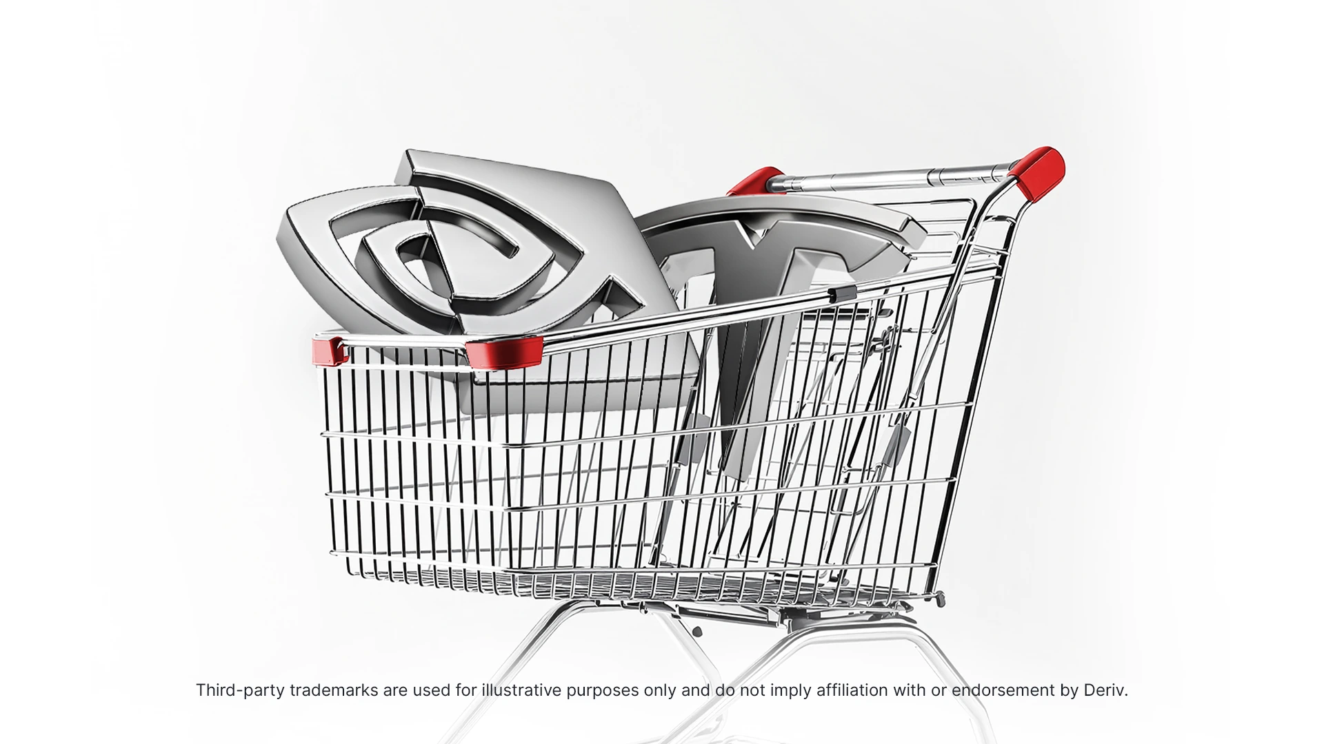 Shopping cart filled with large metallic Nvidia and Tesla logos, symbolising retail investors buying into tech stocks.