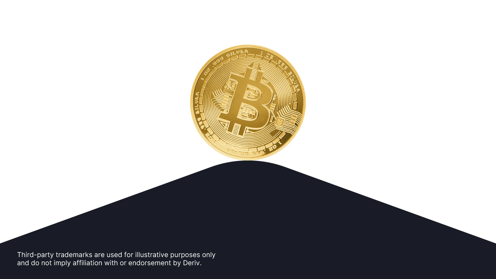 Gold-coloured Bitcoin coin standing upright on a dark triangular surface with a white background. 