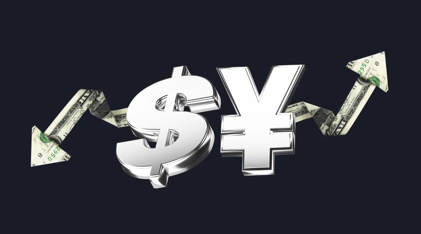 3D metallic symbols of the US dollar ($) and Japanese yen (¥) side by side. A downward arrow made from folded US dollar bills points left of the dollar sign