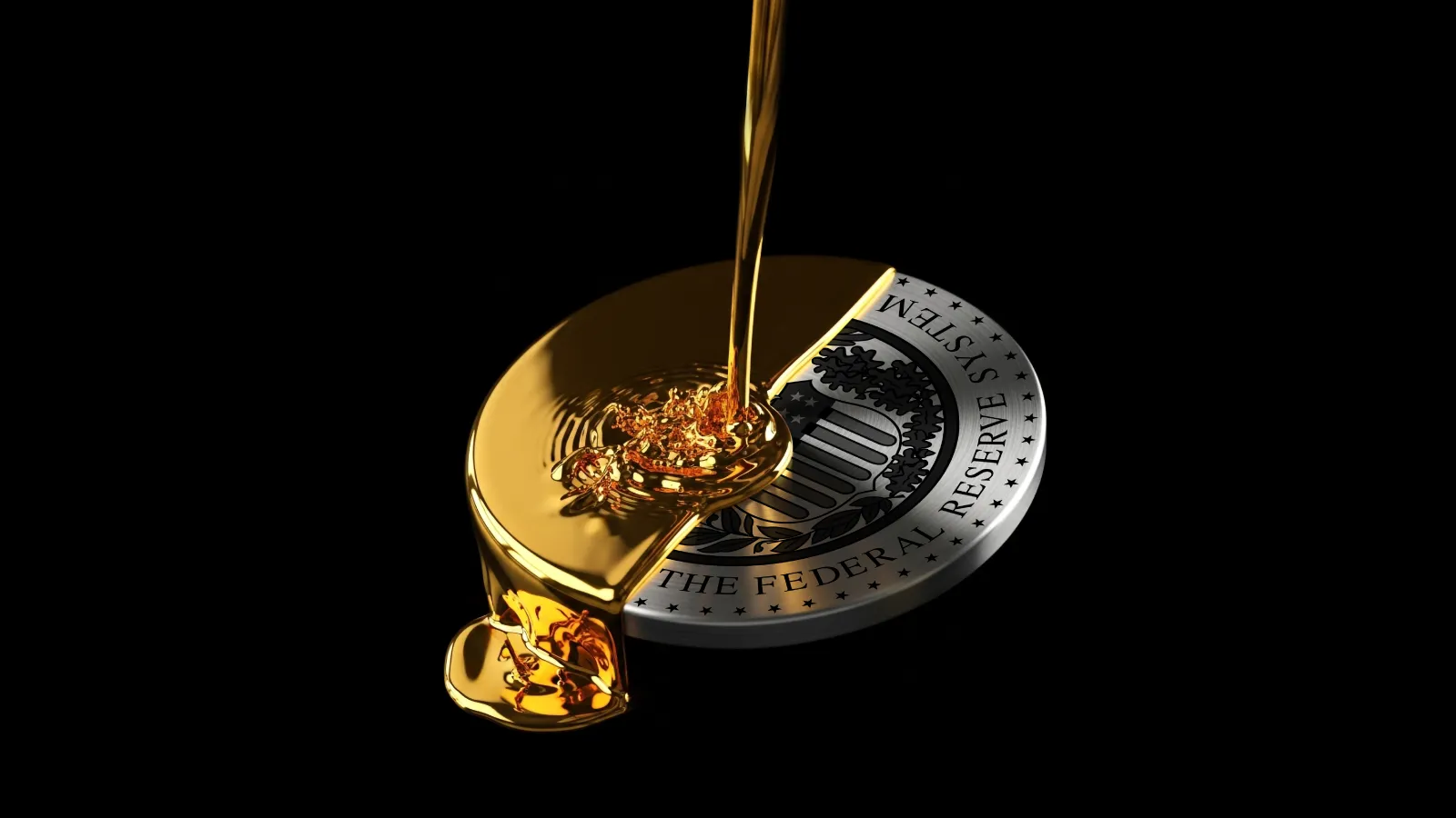 Molten gold being poured over a silver Federal Reserve coin on a black background, symbolising the impact of Fed policy on gold markets.