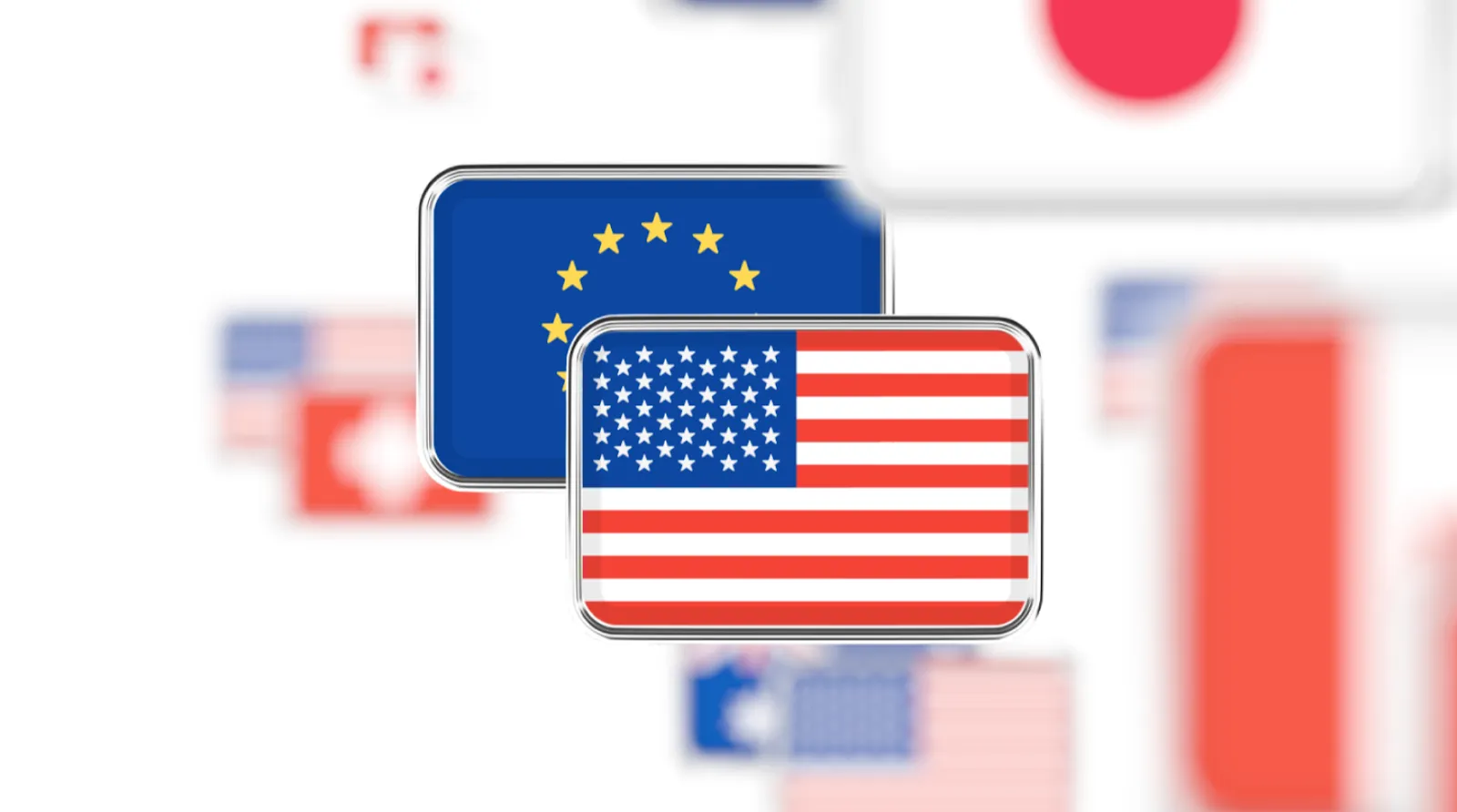 Illustration of international currency trading showing rectangular icons of country flags, with the US and EU flags in focus and other flags like Japan and Switzerland blurred in the background.