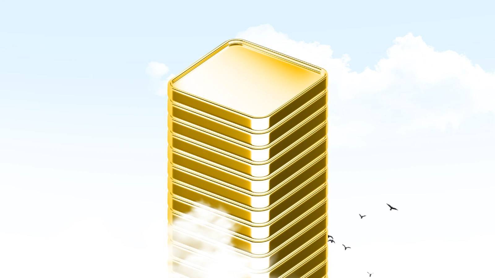 A tall stack of shiny gold bars arranged like a skyscraper, rising into the sky with clouds and birds in the background.