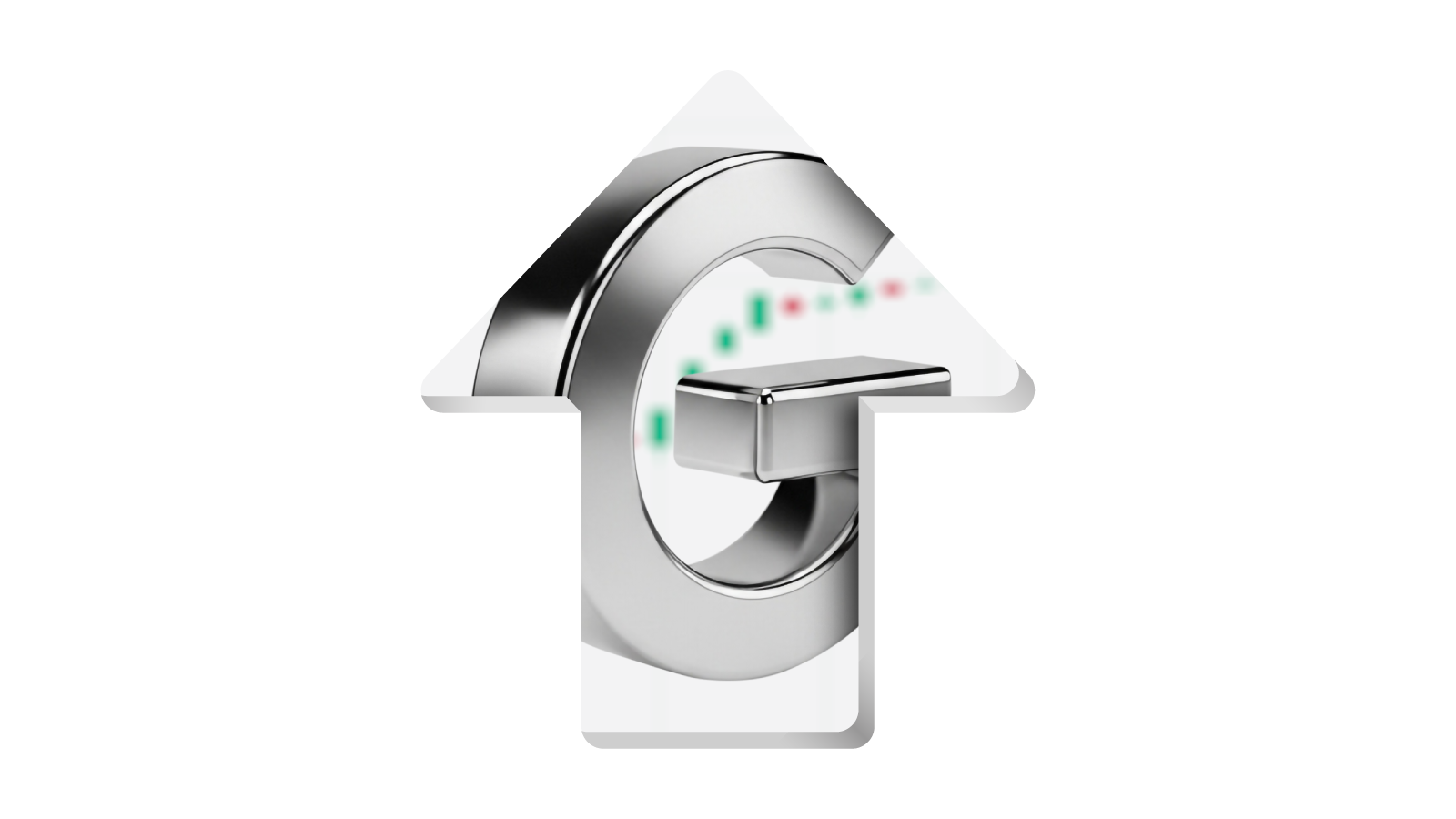 A shiny metallic letter “G” shaped like an arrow pointing upward, with a faint background of candlestick charts symbolising financial growth and market uptrend.