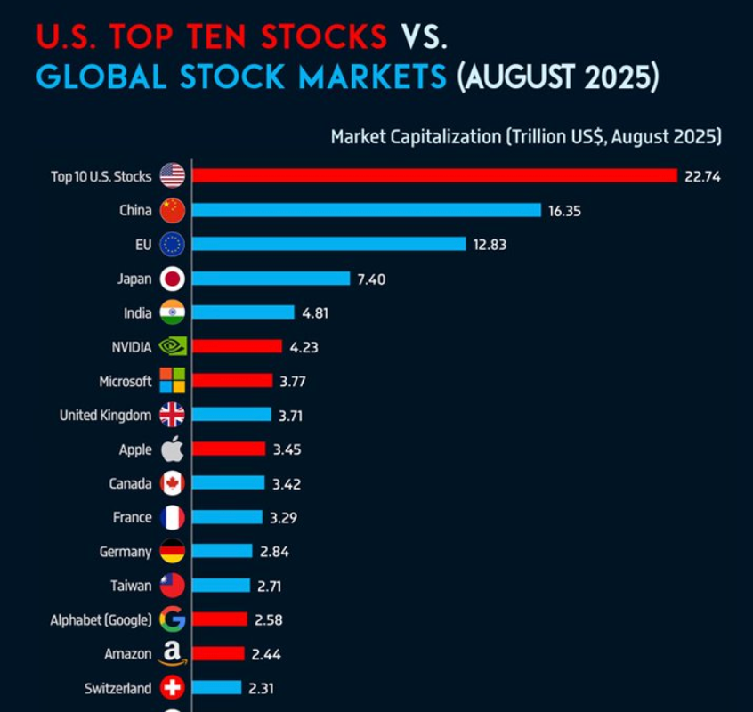 Bar chart comparing U.S. top ten stocks against global stock markets by market capitalization in August 2025.