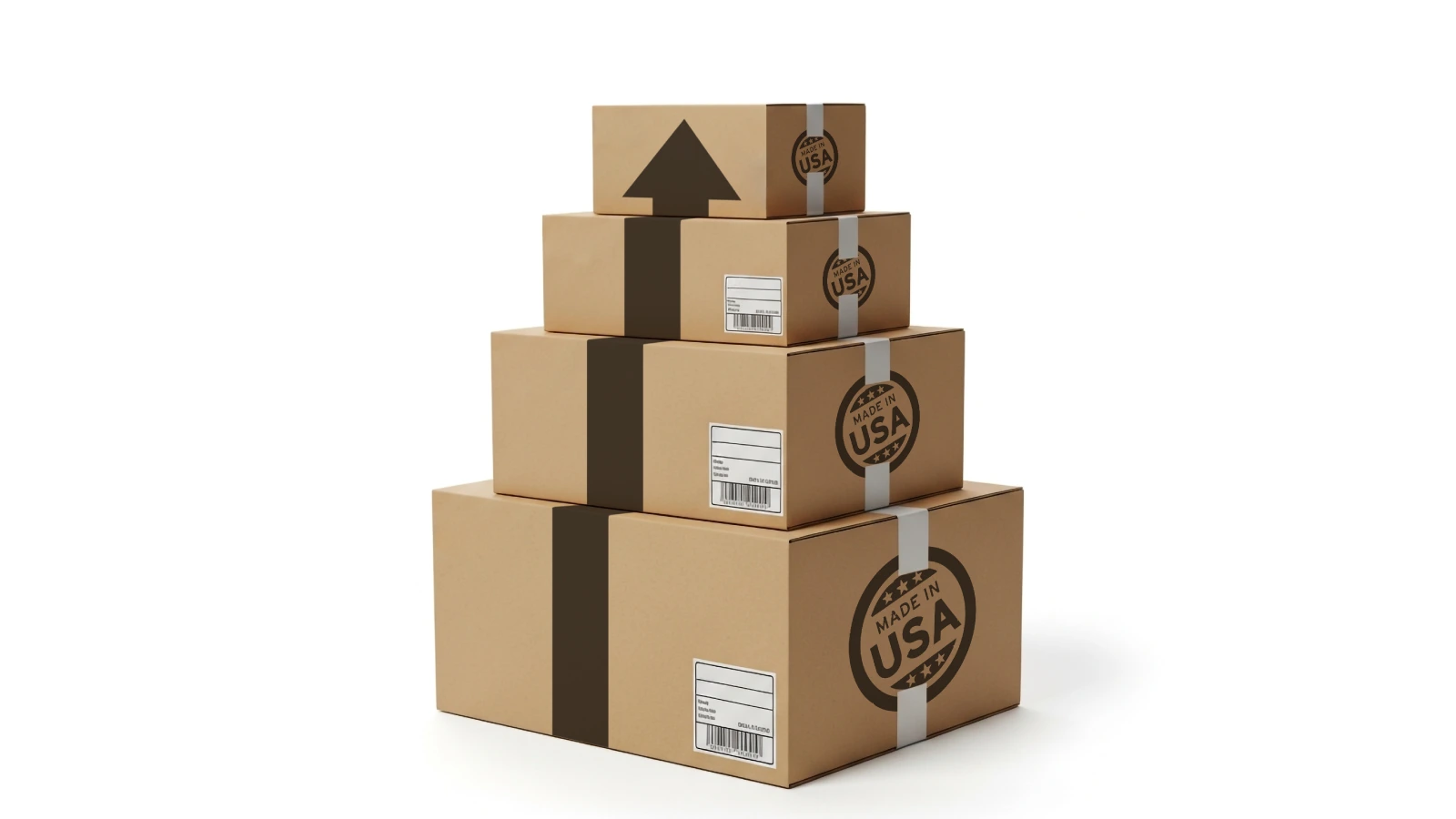 Stack of four cardboard shipping boxes of different sizes arranged in a pyramid.
