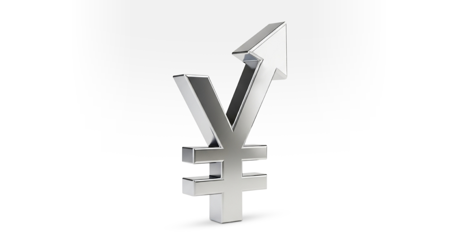 3D metallic yen currency symbol with an upward arrow integrated into the design, representing strength or appreciation of the Japanese yen.