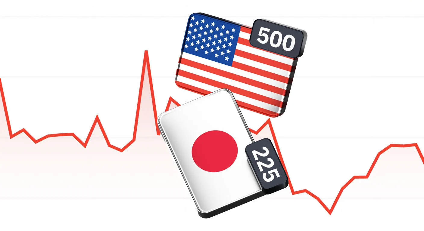 Graphic of the US and Japan national flags with index labels ‘500’ and ‘225’ respectively, positioned over a red financial line chart suggesting market volatility or divergence between the two economies.