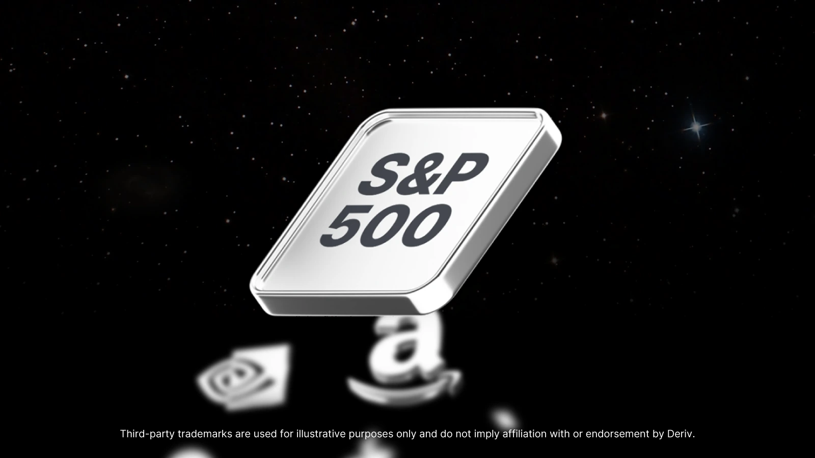A metallic 3D-rendered S&P 500 tile floating in a starry outer space background, with blurred icons of major companies like Nvidia and Amazon underneath.