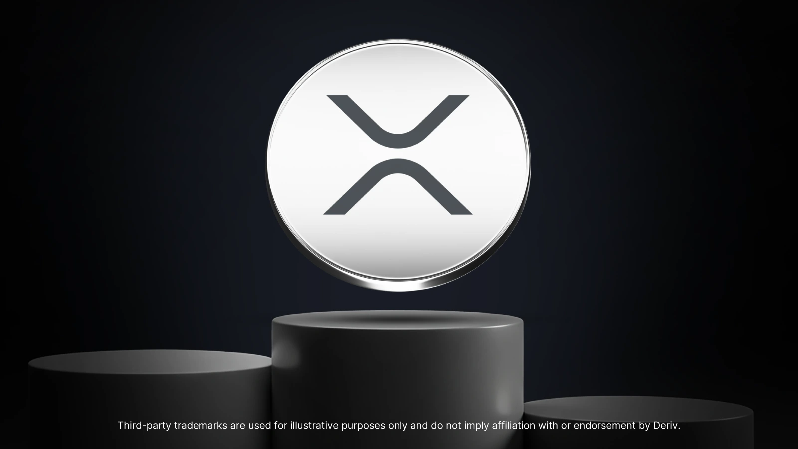 A 3D-rendered XRP coin with the Ripple logo hovers above dark cylindrical podiums against a black background.
