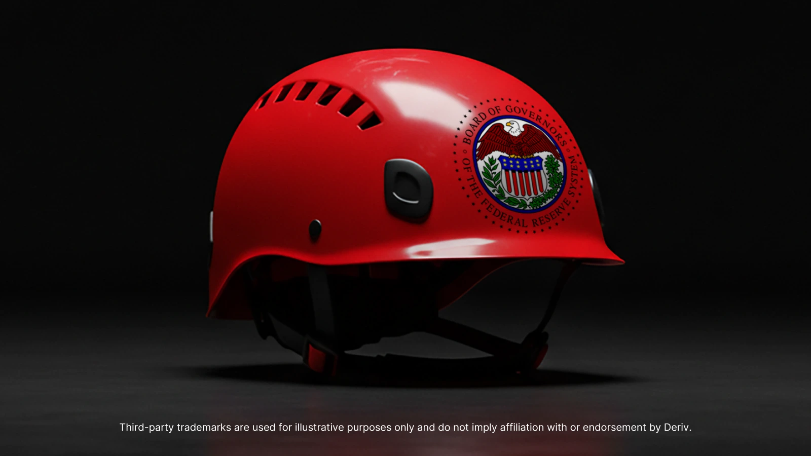 A bright red safety helmet with the official seal of the Board of Governors of the Federal Reserve System displayed on its side