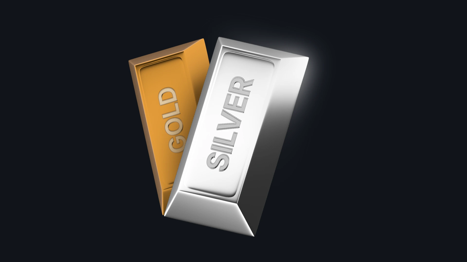 3D render of two stacked metal bars labeled ‘GOLD’ and ‘SILVER’. The gold bar is metallic yellow and slightly behind the silver bar, which is metallic white and positioned in front