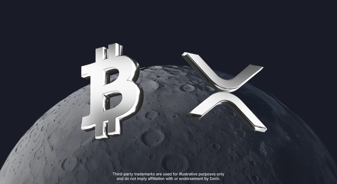 3D metallic Bitcoin (₿) and XRP (X) logos float above a dark lunar surface, symbolising the cryptocurrencies' rise 'to the moon'.