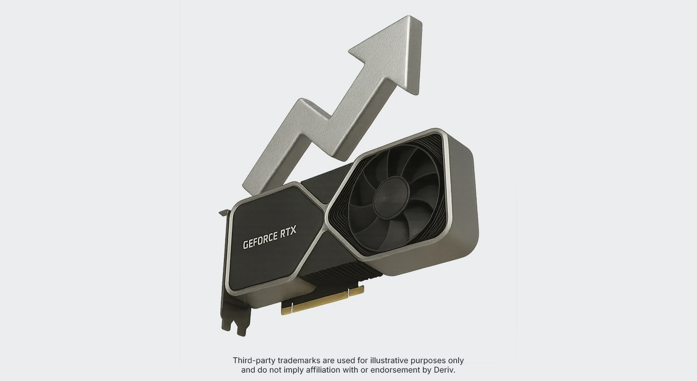 Illustration of Nvidia GeForce RTX graphics card with upward arrow symbolising stock price rally and AI market momentum