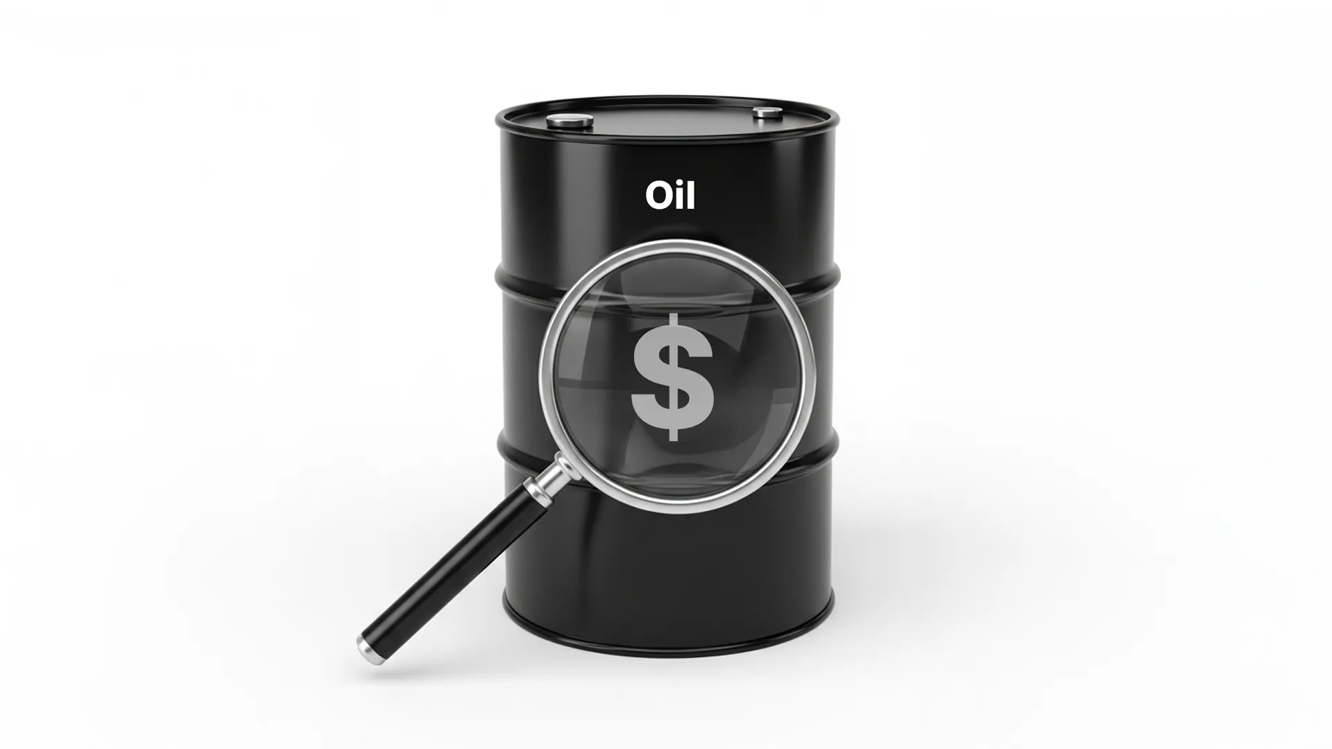 Oil price concept shown by a barrel and magnifying glass with a dollar symbol.