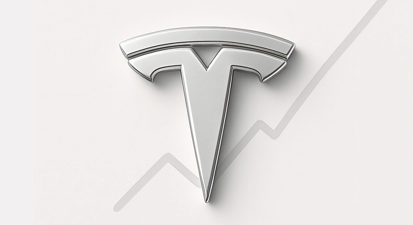 Chrome Tesla logo centred against a white background, overlaid on a faint upward-trending line graph - symbolising rising stock performance or growing market momentum.
