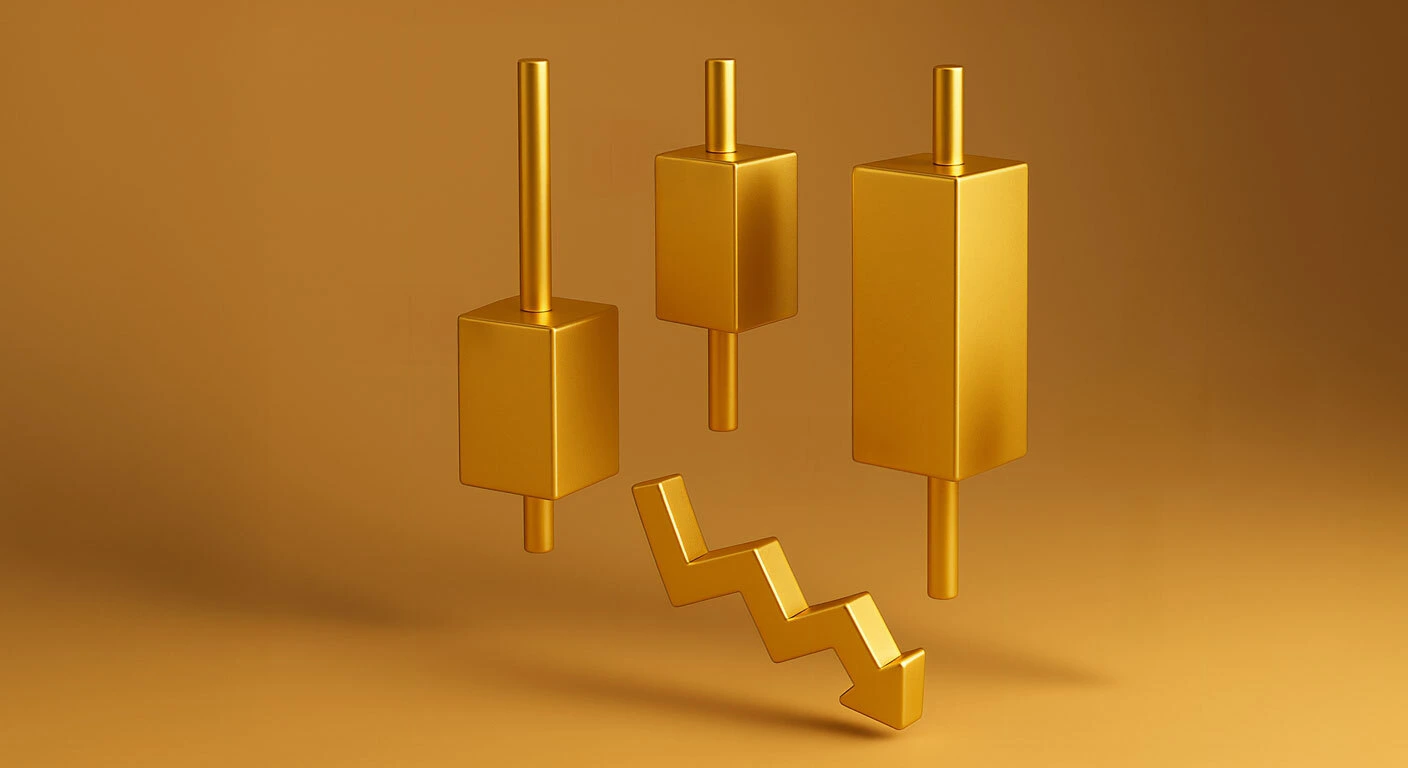 3D illustration of gold-coloured candlestick chart bars with a downward zigzag arrow, symbolising indecision or bearish movement in gold prices amid market uncertainty.