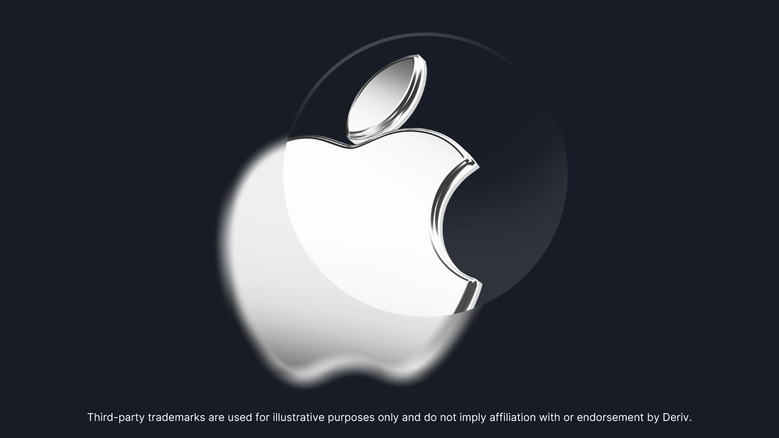 3D Apple logo on dark background with disclaimer about third-party trademarks and no Deriv affiliation.