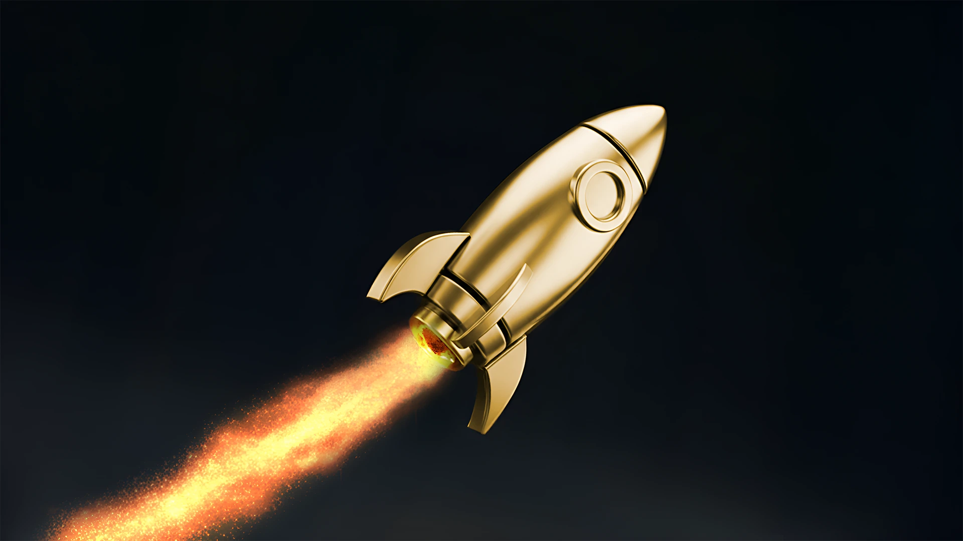 A shiny gold rocket blasting upward against a dark background, leaving behind a fiery orange trail, symbolising rapid growth or skyrocketing momentum.