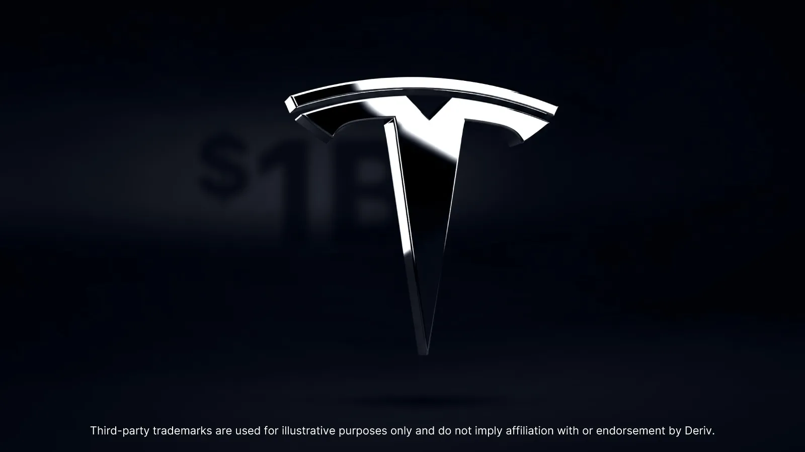 Tesla logo in metallic silver on a dark background with blurred $1T text in the backdrop.
