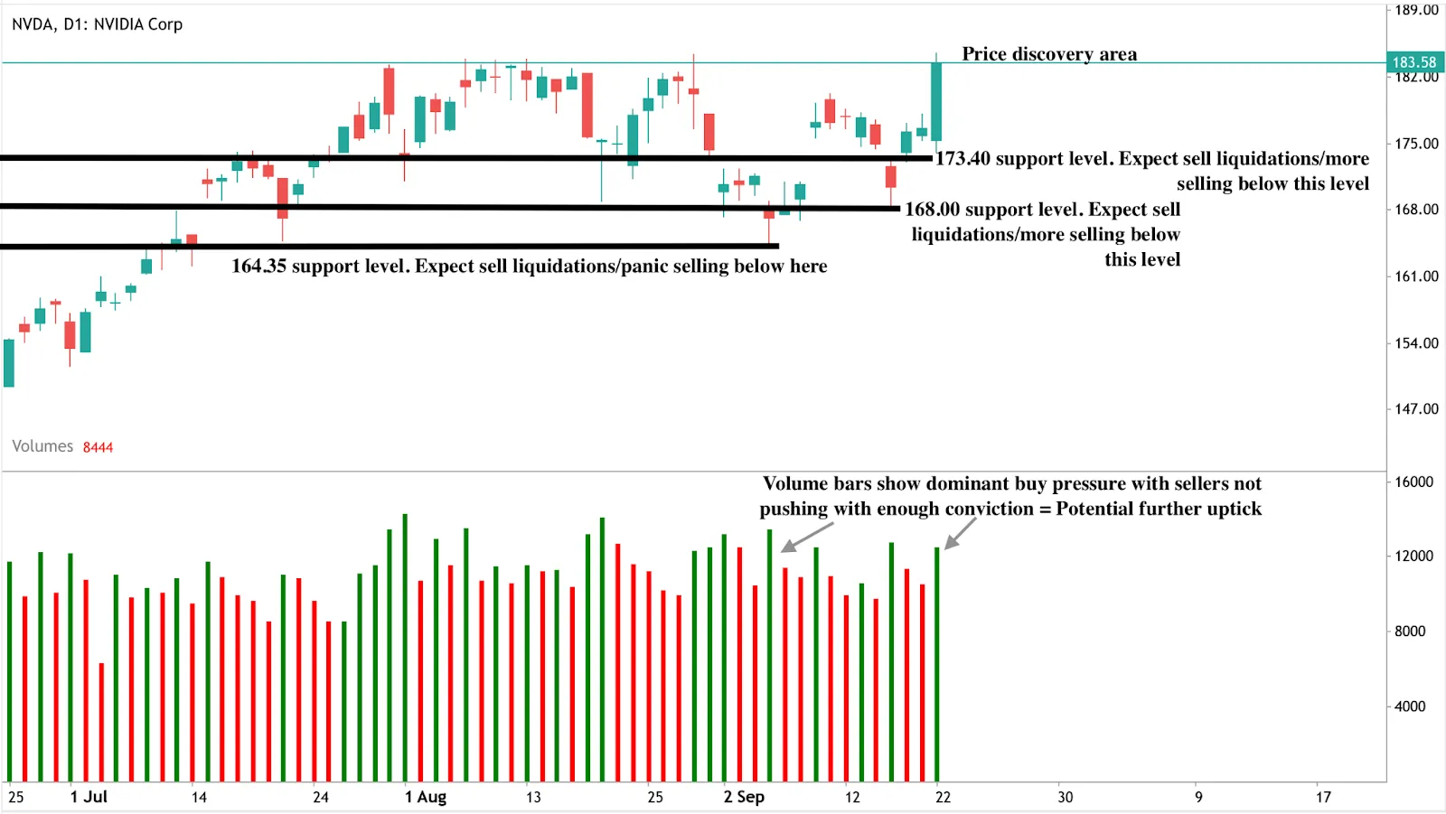 Technical chart of NVIDIA Corp (NVDA) daily candlesticks showing price at $183.58 in a price discovery area. Key support levels are marked: $173.40, $168.00, and $164.35