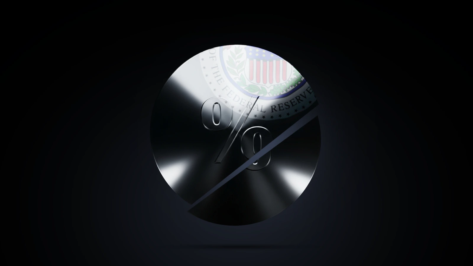 Abstract image of a metallic percentage symbol split across a circular shape, with the seal of the Federal Reserve faintly visible in the background.