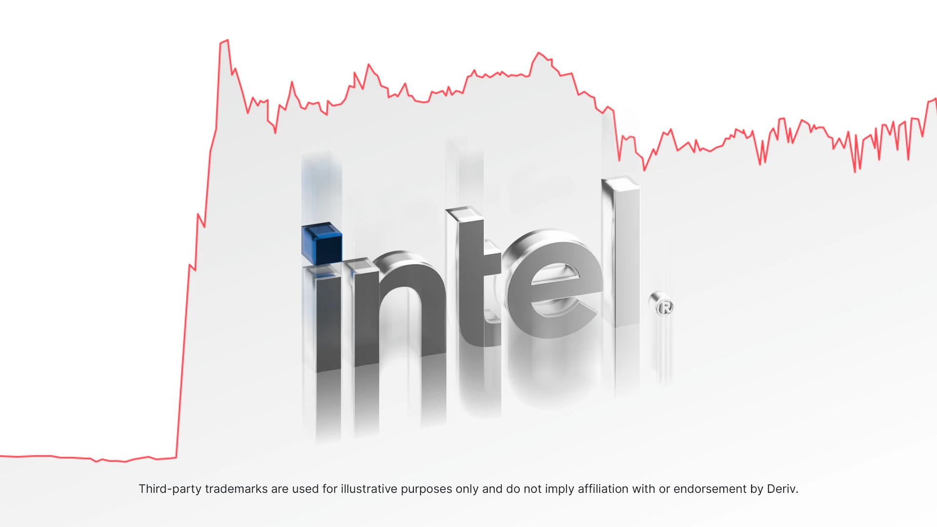 3D metallic Intel logo in the centre with a red stock price line chart in the background, showing a sharp upward surge followed by fluctuations. 