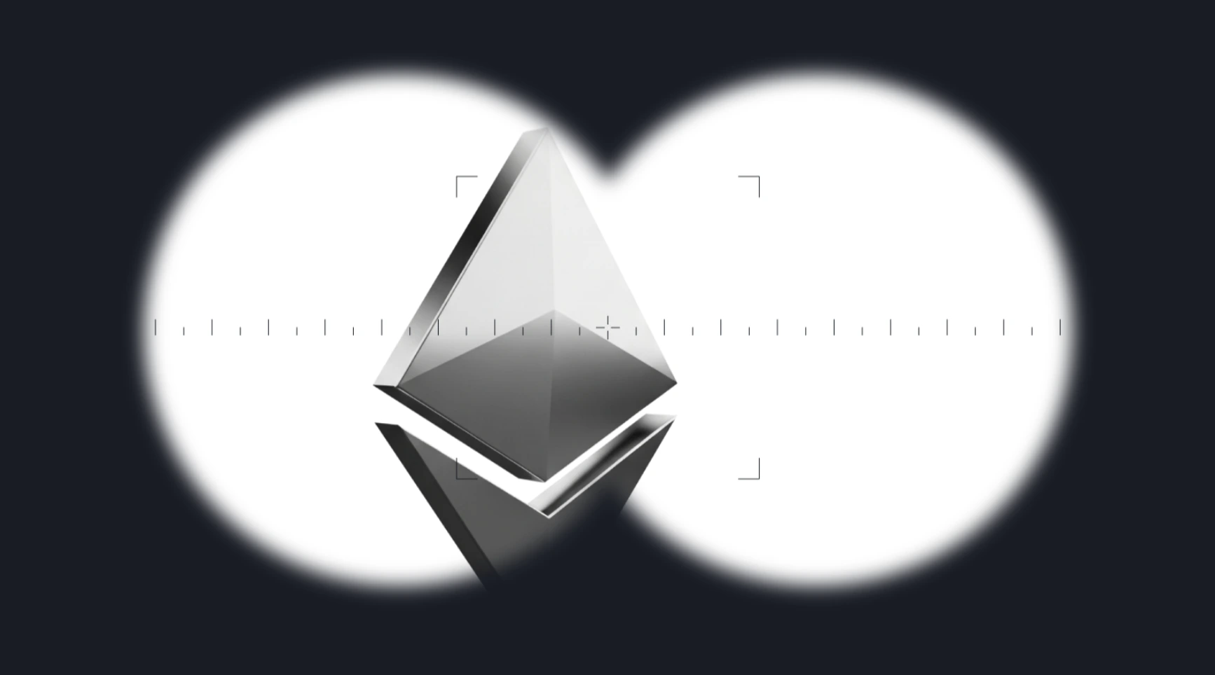A metallic Ethereum logo viewed through binoculars, symbolising focus on Ethereum’s market outlook