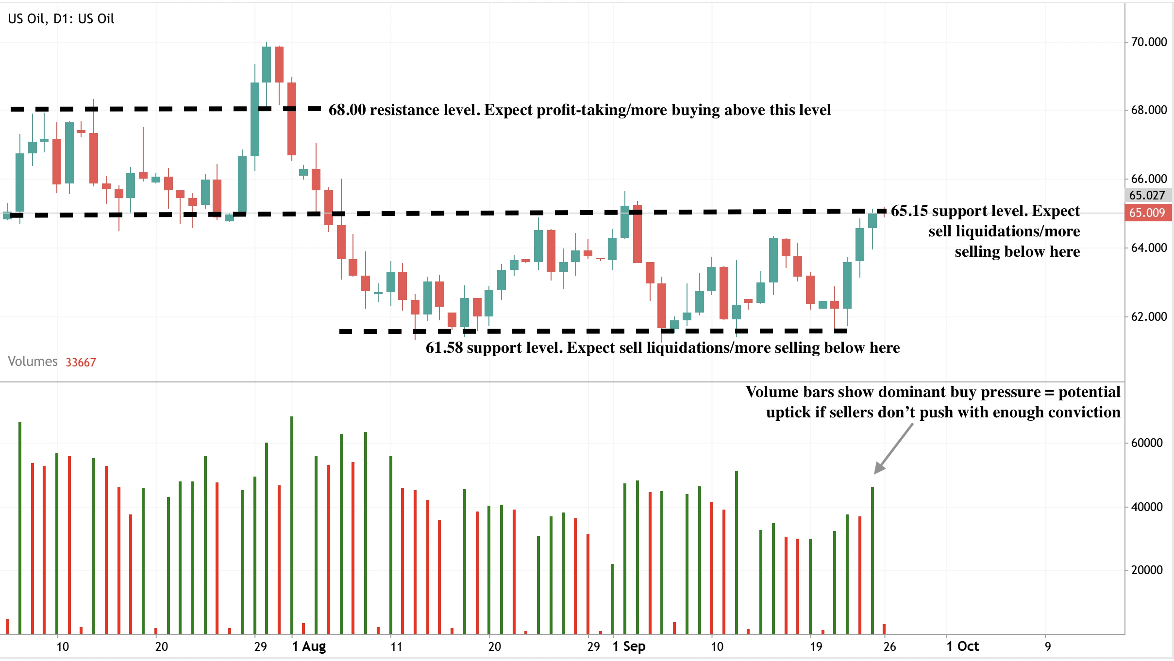 Candlestick chart of WTI daily prices with support/resistance levels.