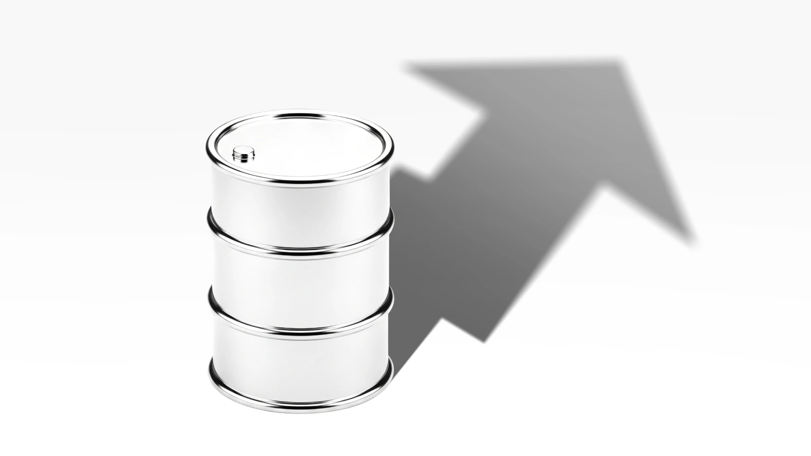A metallic oil barrel casting a shadow shaped like an upward-pointing arrow, symbolising rising oil prices