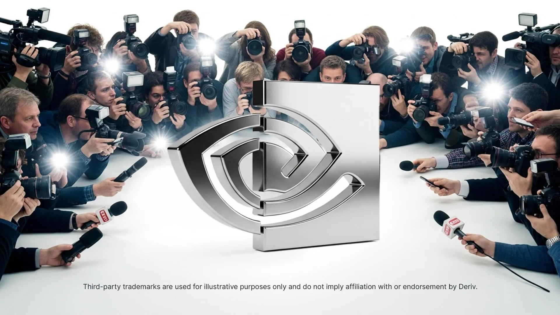 Illustration of a large metallic NVIDIA logo surrounded by a crowd of photographers and reporters taking pictures and holding microphones