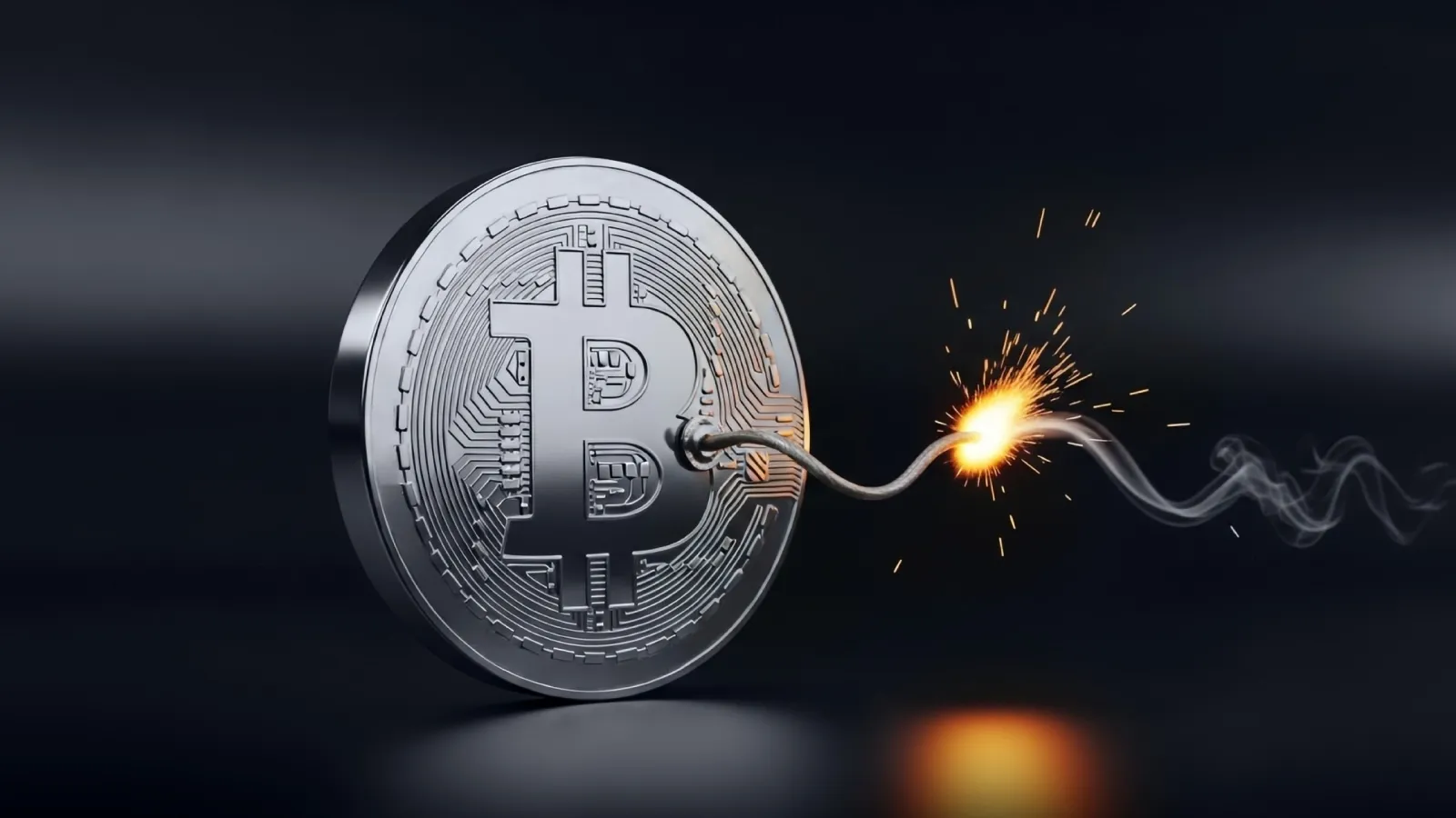 A 3D-rendered silver Bitcoin coin with a lit fuse attached, sparking and burning like a time bomb.