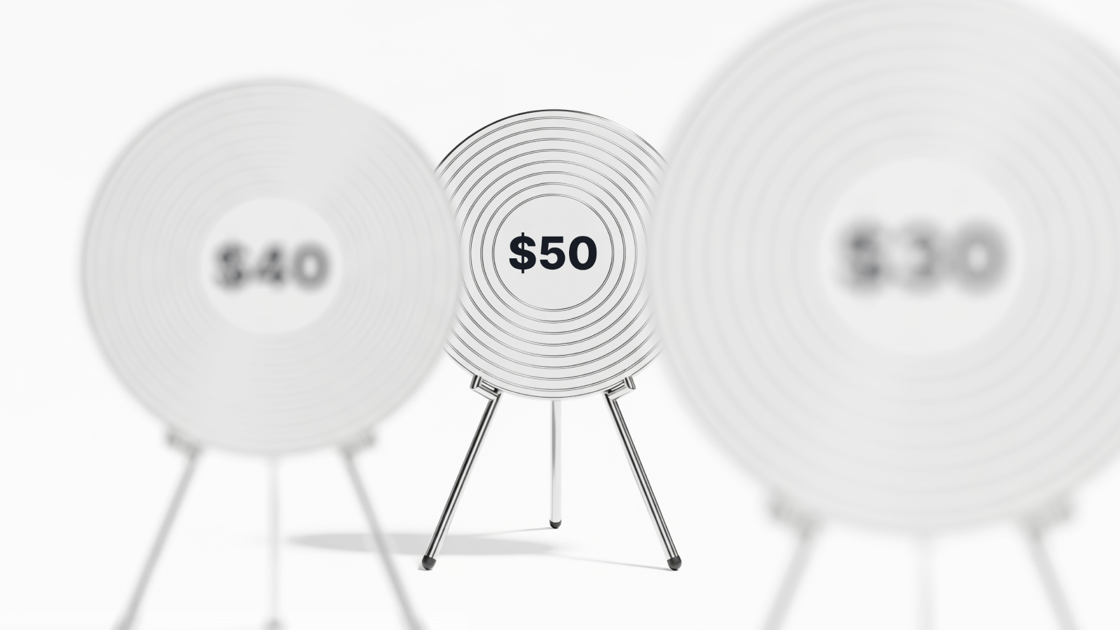Three target boards with price levels for silver. The central target, marked $50, is in sharp focus, while the $40 target on the left and the $30 target on the right are blurred.