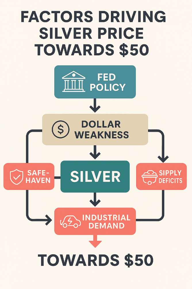 An infographic titled “Factors Driving Silver Price Towards $50”.