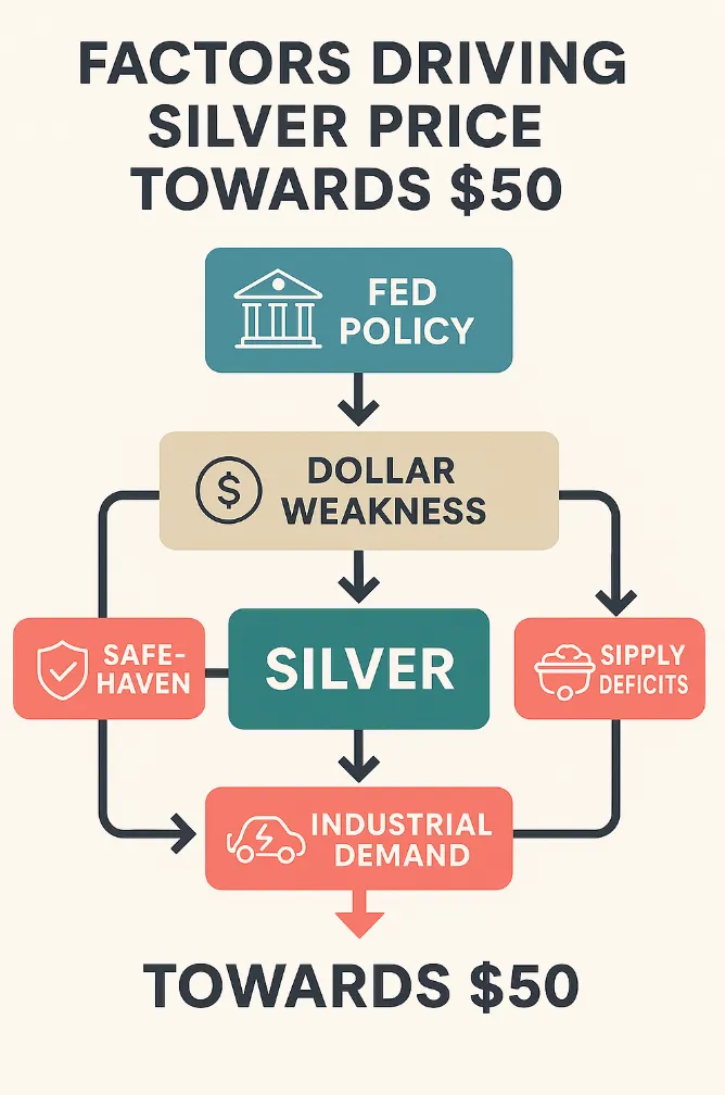 An infographic titled “Factors Driving Silver Price Towards $50”. 