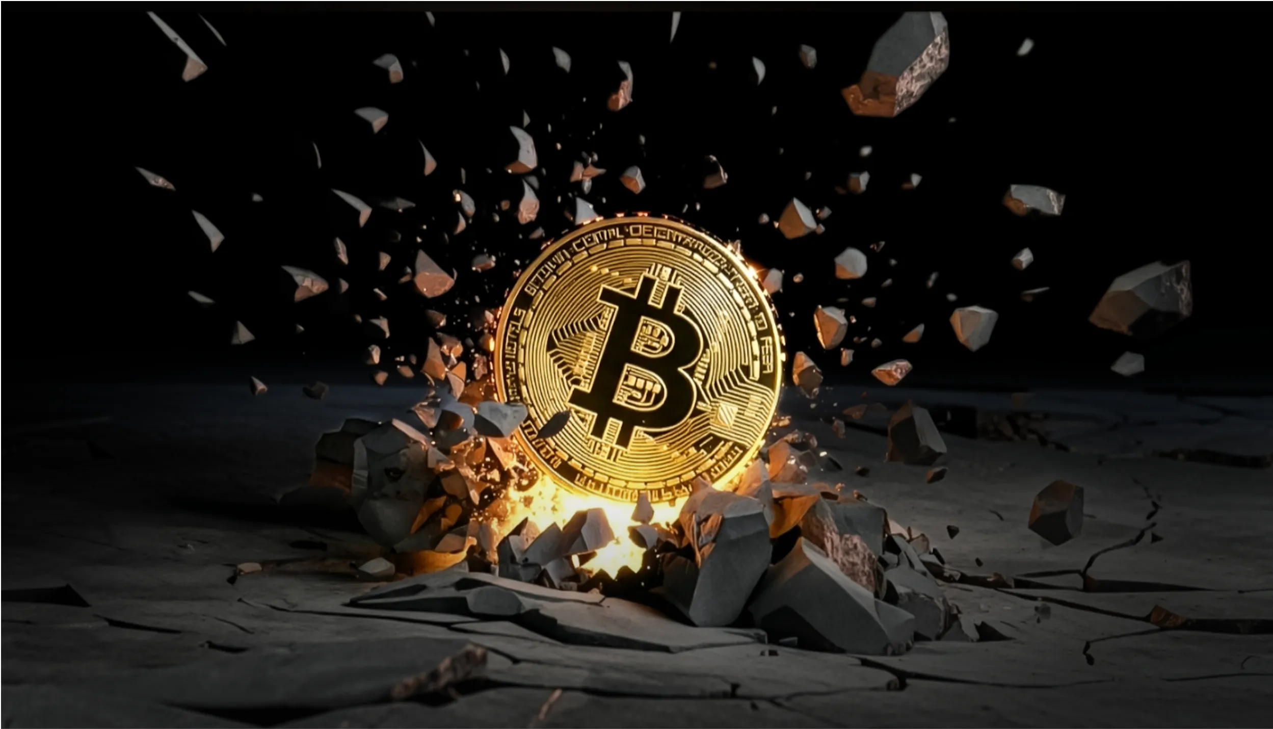 Светящийся золотой символ Биткойна появляется на трещинах, когда обломки и камни взрываются наружу, символизируя силу и динамику прорыва Биткойна.
