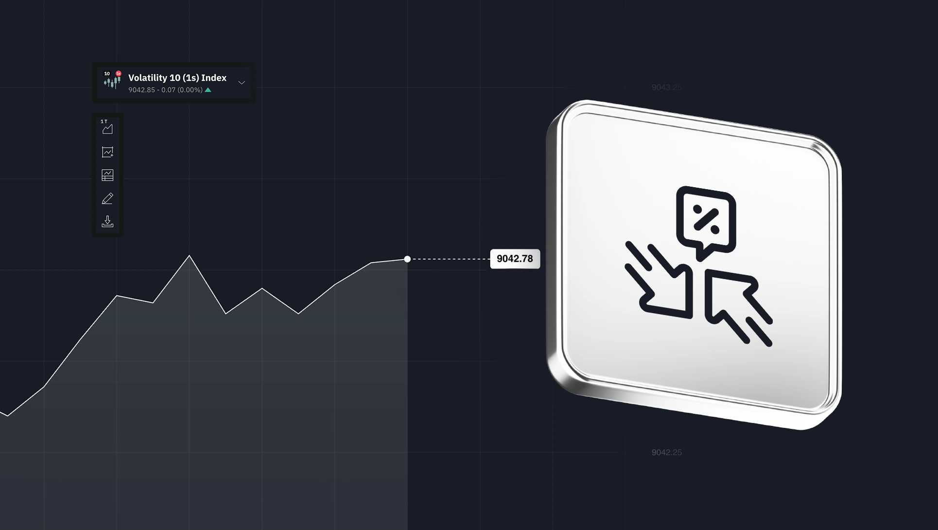 Chart of Volatility 10 (1s) Index, illustrating reduced spreads with financial analysis icons on a dark background