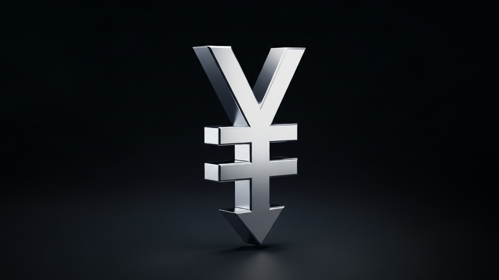 A metallic 3D yen (¥) symbol pointing downward, set against a dark background, symbolising a decline in the Japanese yen’s value or currency weakness.