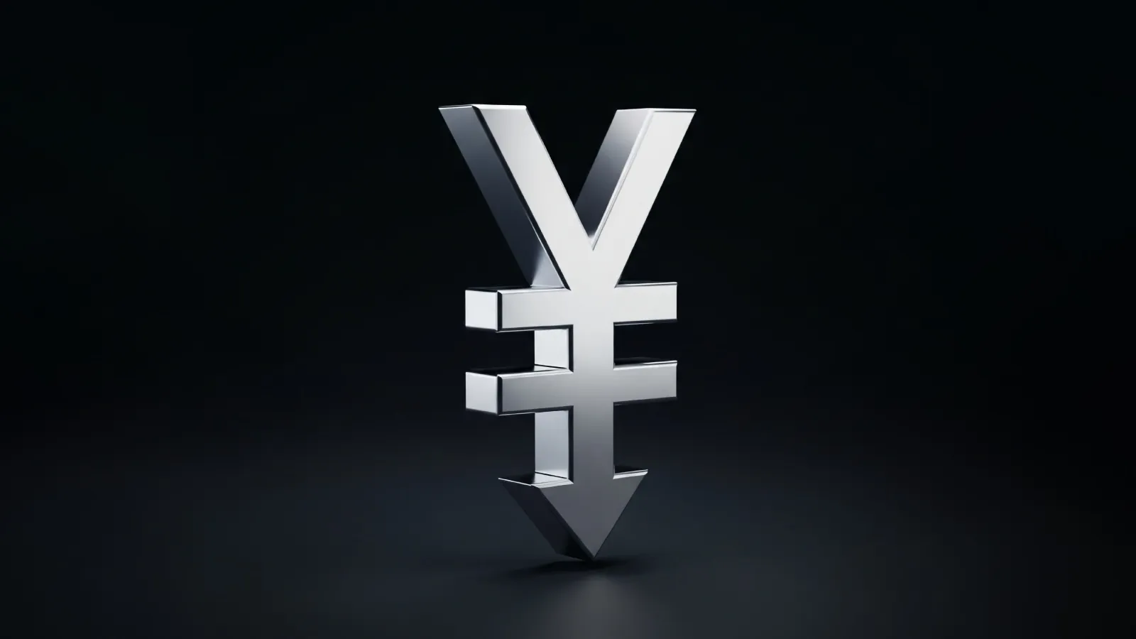 ලෝහමය ත්රිමාණ යෙන් (¥) සංකේතයක් පහළට යොමු වන අතර, අඳුරු පසුබිමකට එරෙහිව සකසා ඇති අතර, ජපන් යෙන් හි වටිනාකම හෝ මුදල් දුර්වලතාවයේ පහත වැටීම සංකේතවත් කරයි.