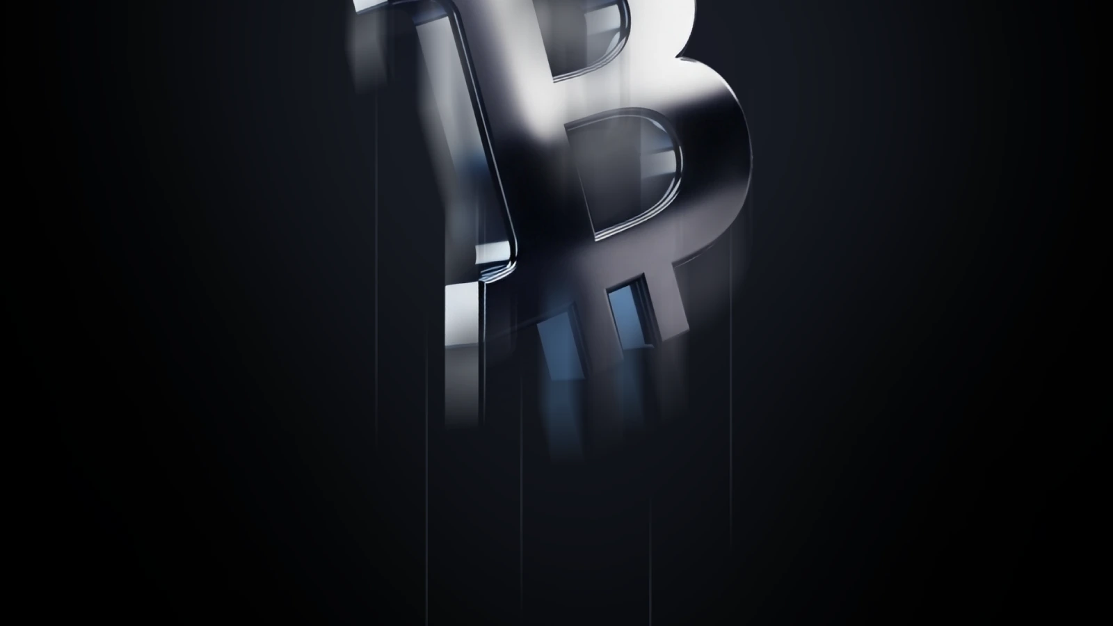 3D metallic Bitcoin symbol with a blurred motion effect on a dark background.