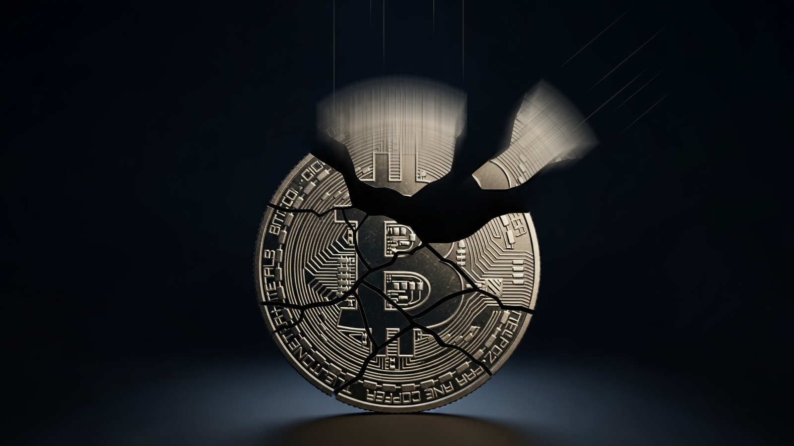 A cracked Bitcoin coin shattering into pieces against a dark background, symbolising a major Bitcoin price crash or market downturn.
