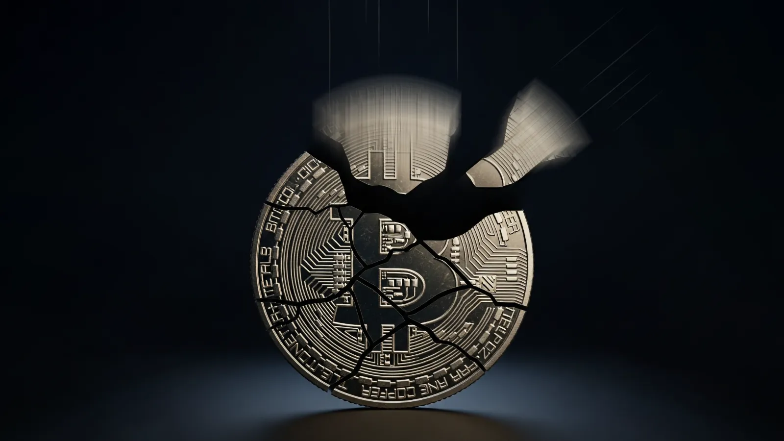 Une pièce de Bitcoin fissurée qui se brise en morceaux sur un fond sombre, symbolisant un effondrement majeur du prix du Bitcoin ou une baisse du marché.