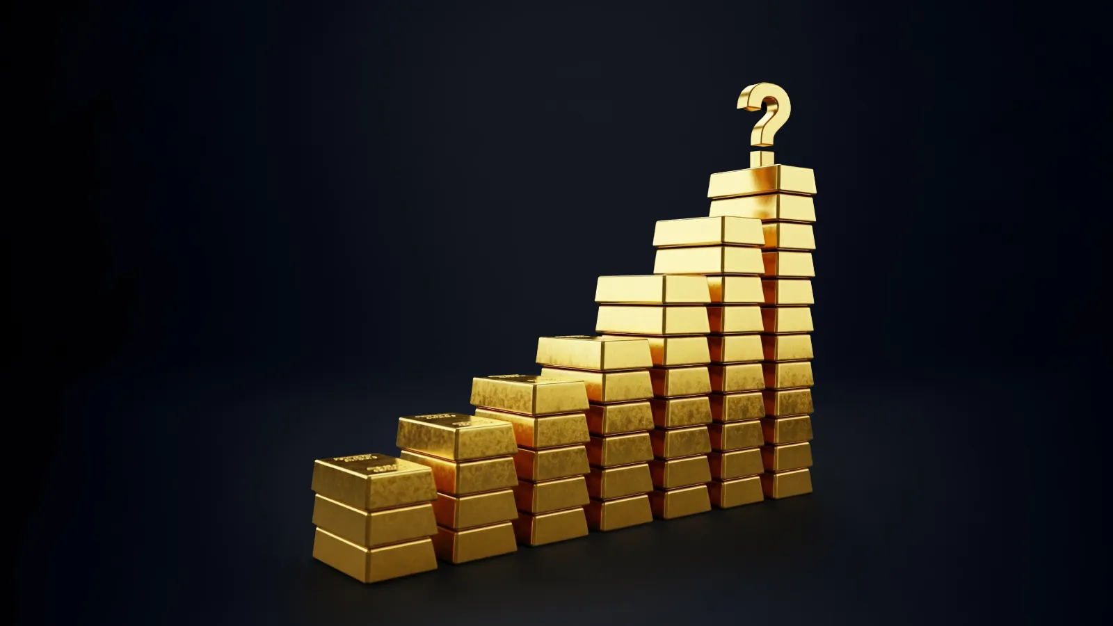 A stack of gold bars arranged in a rising staircase pattern against a dark background, with a large golden question mark on top of the highest stack.