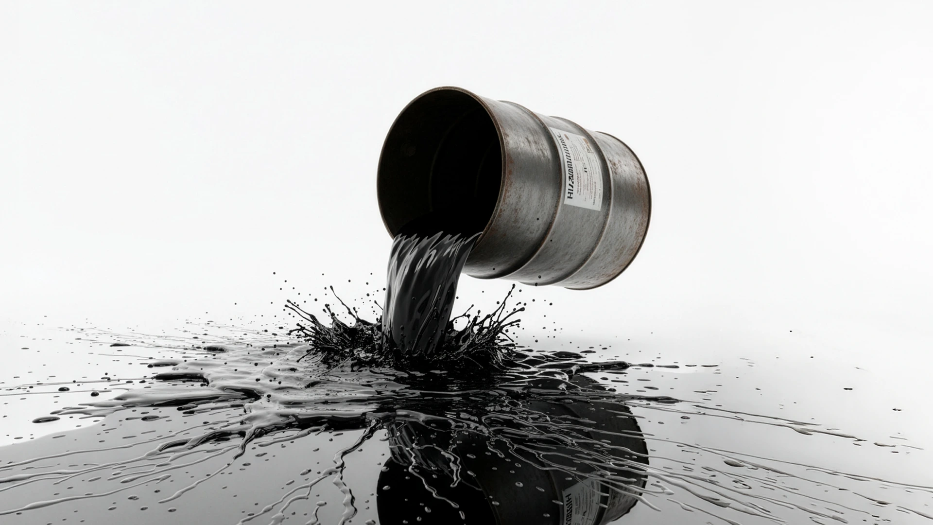 A metal oil barrel tipped over, spilling black crude oil onto a smooth reflective surface, with splashes radiating outward against a plain white background