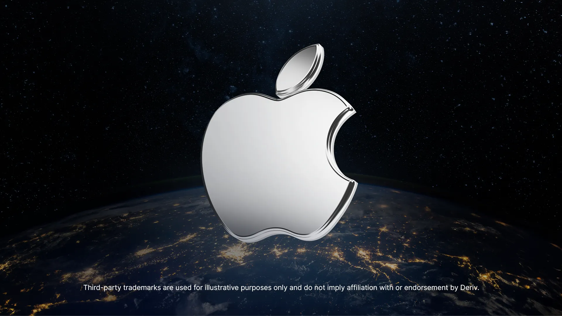 A metallic silver Apple logo floating above Earth, with the planet’s night lights visible below and a star-filled space background.