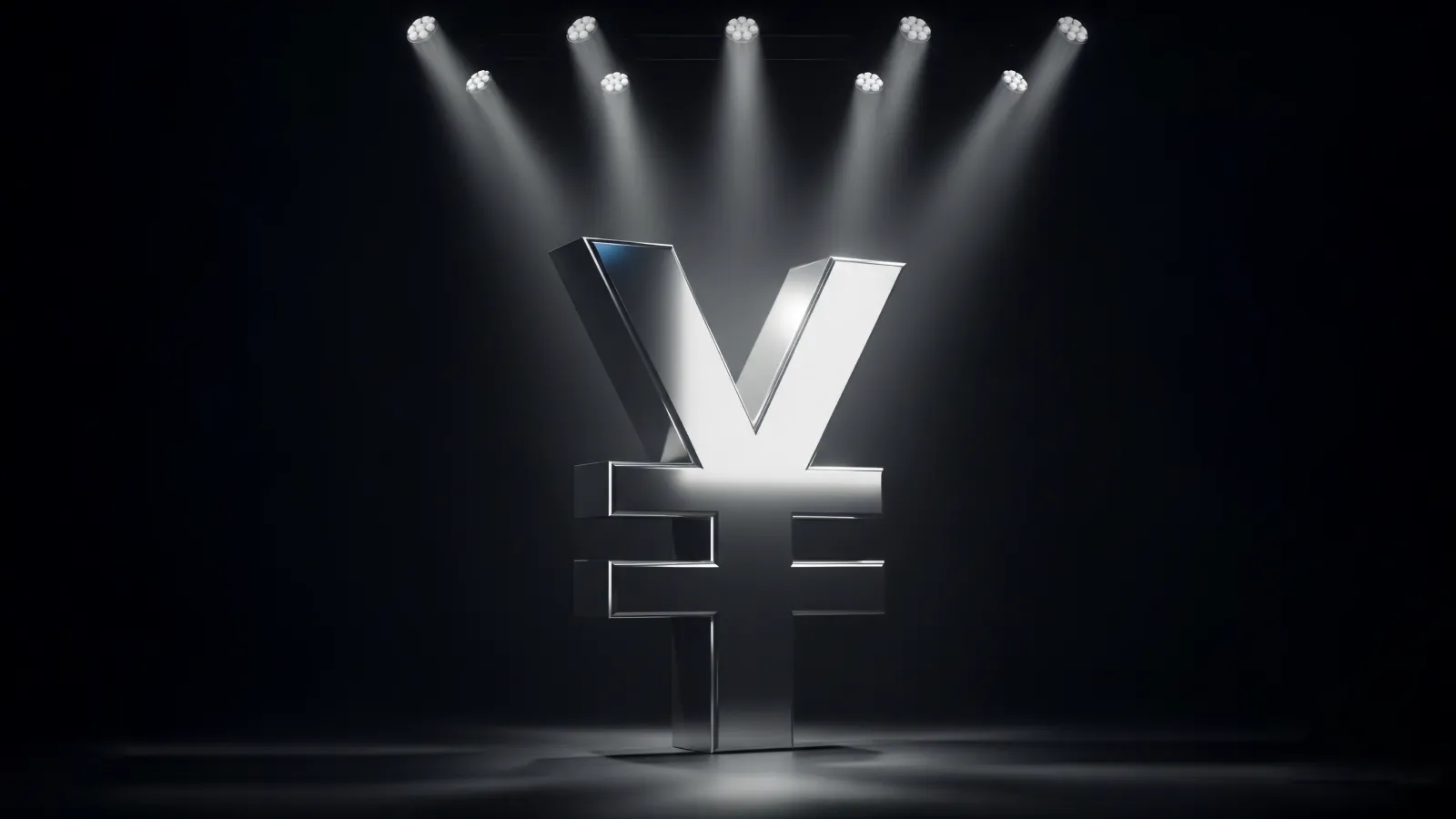 A large metallic yen (¥) symbol standing under bright spotlights on a dark stage, symbolising the Japanese currency being in the global spotlight or under scrutiny.