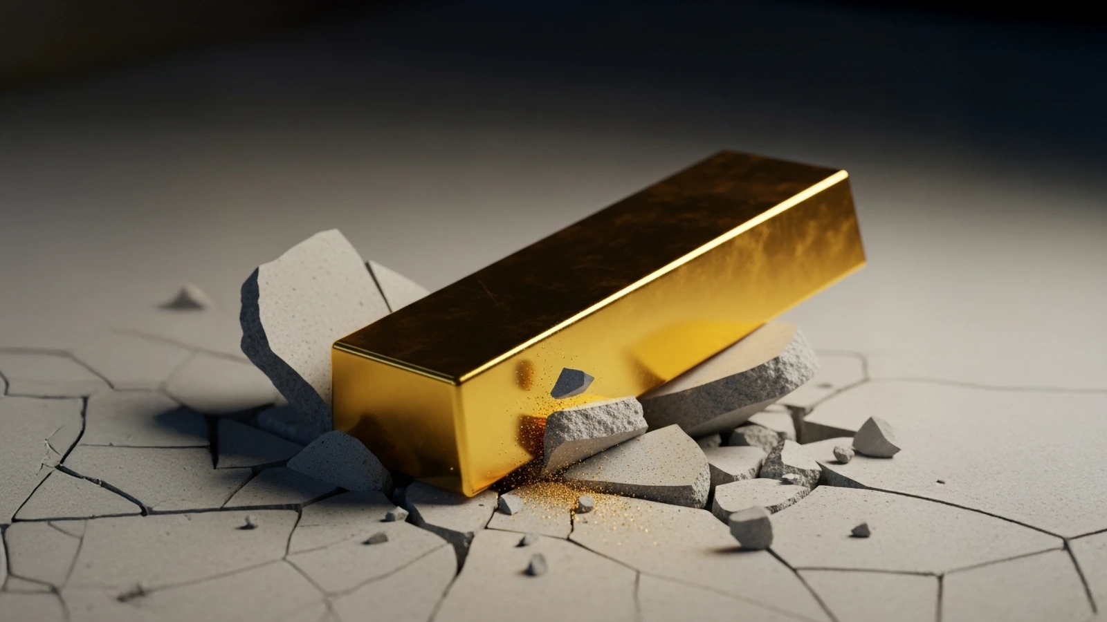 A solid gold bar crashes through a cracked concrete surface, surrounded by broken fragments and dust, symbolising strength, value, and impact.