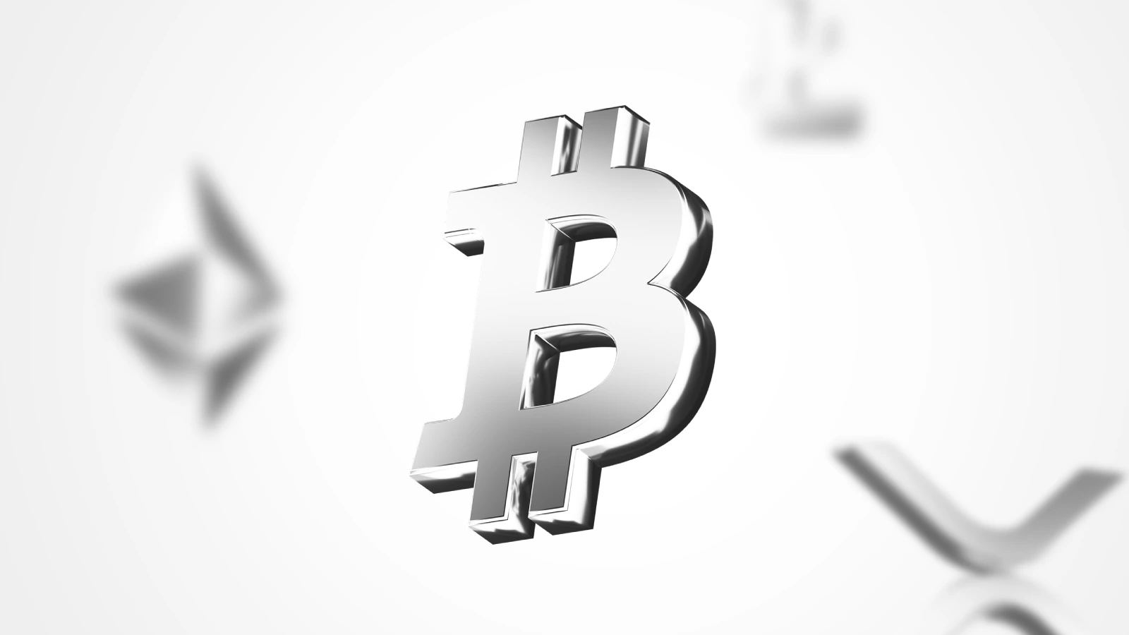 A shiny metallic 3D Bitcoin logo in the centre, with blurred Ethereum and XRP symbols in the background on a light grey gradient.