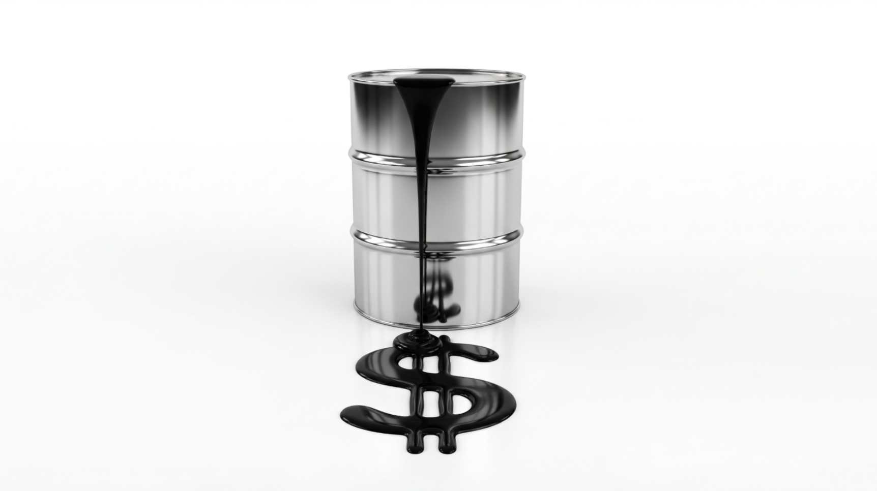 A silver oil barrel with black oil pouring out, forming a dollar sign ($) on the white surface below - symbolising the connection between crude oil and money.