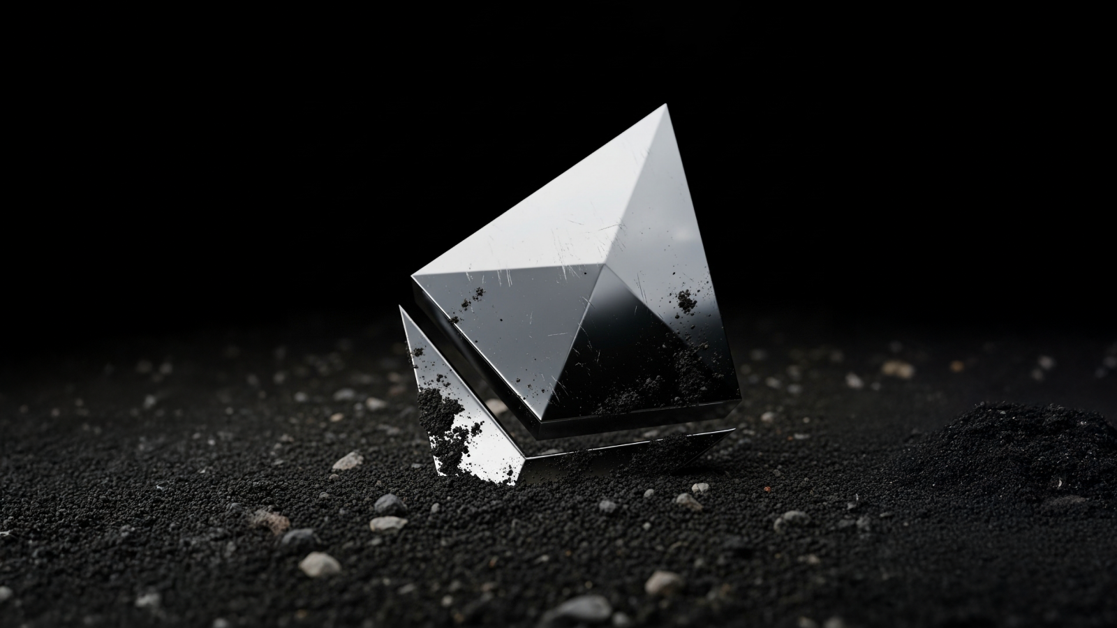 3D render of a metallic Ethereum logo partially buried in dark sand and gravel, symbolizing resilience and value beneath market volatility