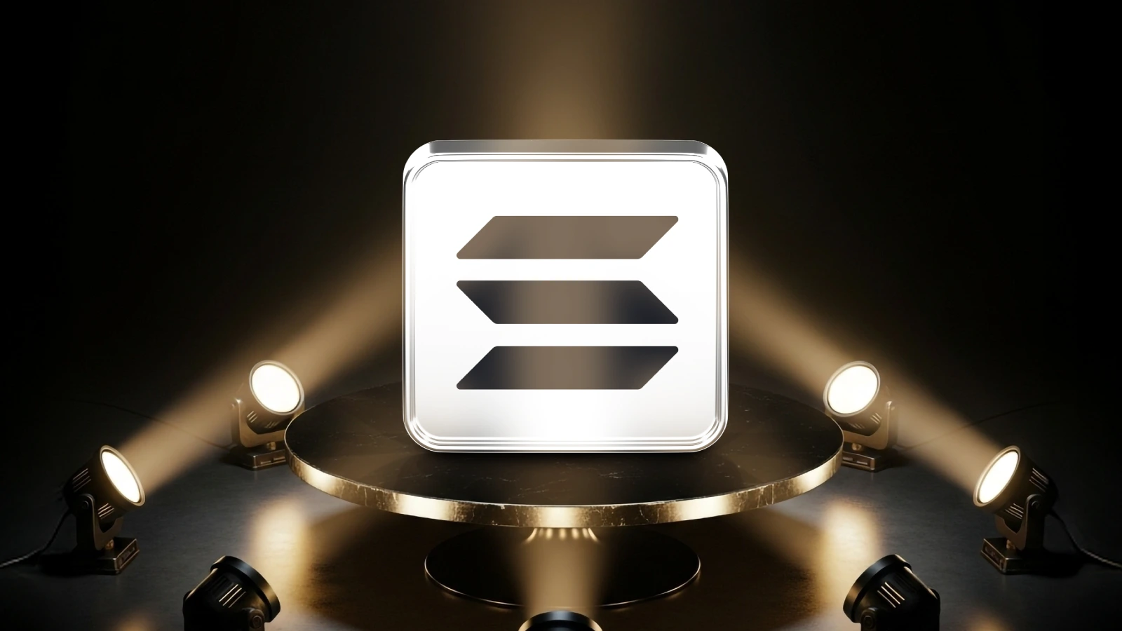 A metallic Solana logo displayed on a round black and gold pedestal, illuminated by multiple spotlights in a dark background. 